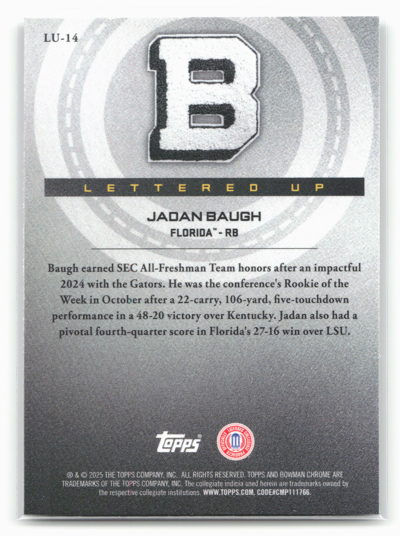 2025 Bowman University Chrome #LU-14 Jadan Baugh Lettered Up