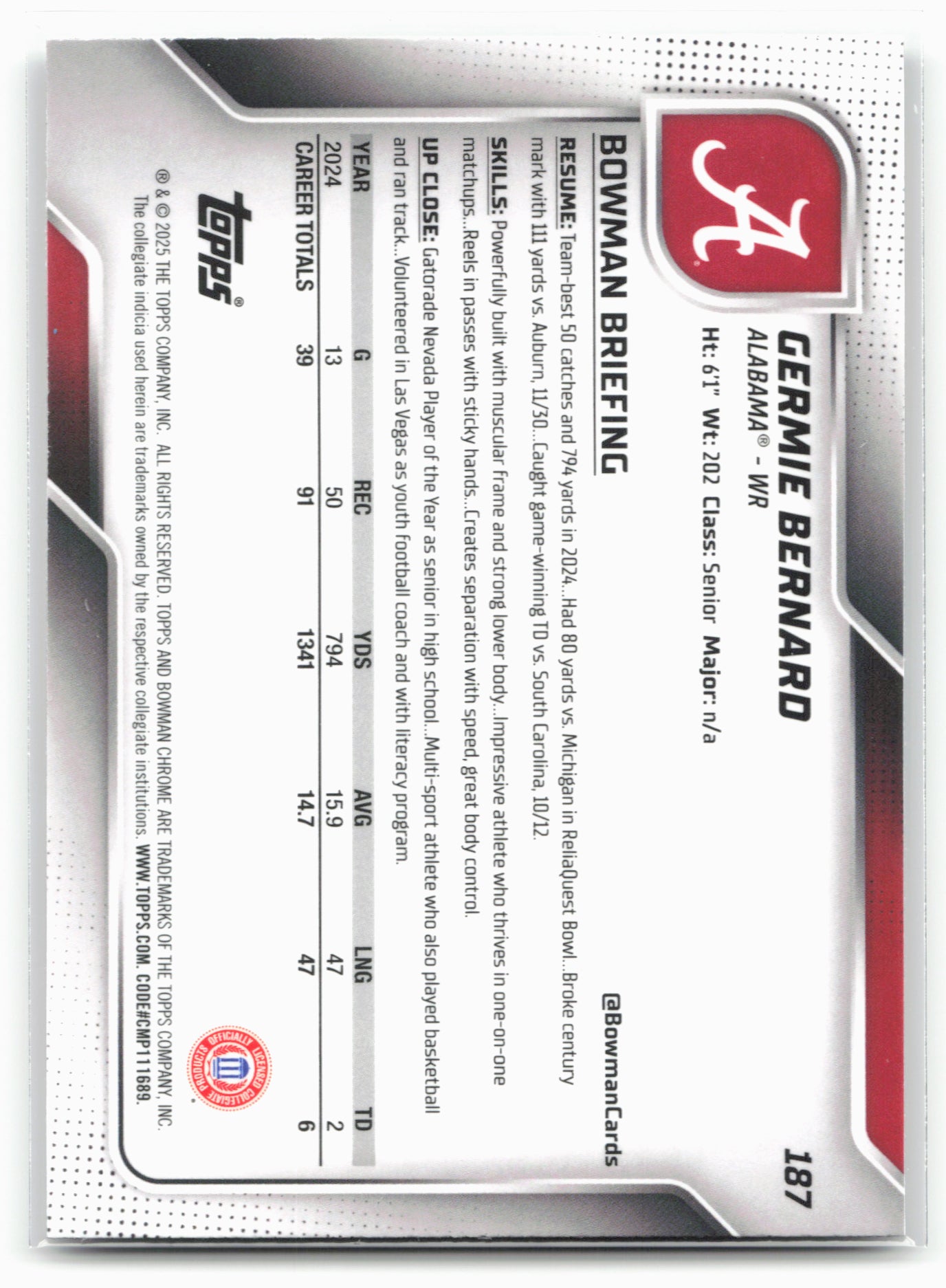 2025 Bowman University Chrome #187 Germie Bernard