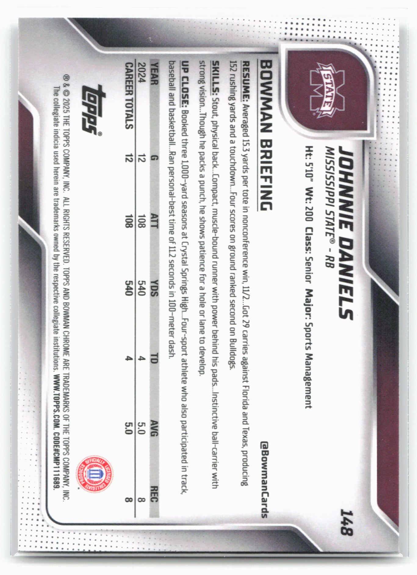 2025 Bowman University Chrome #148 Johnnie Daniels