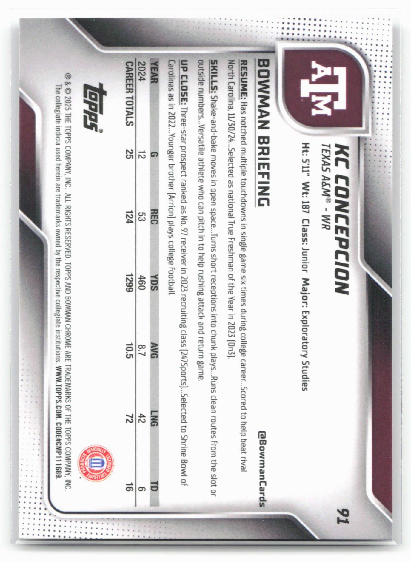 2025 Bowman University Chrome #91 KC Concepcion