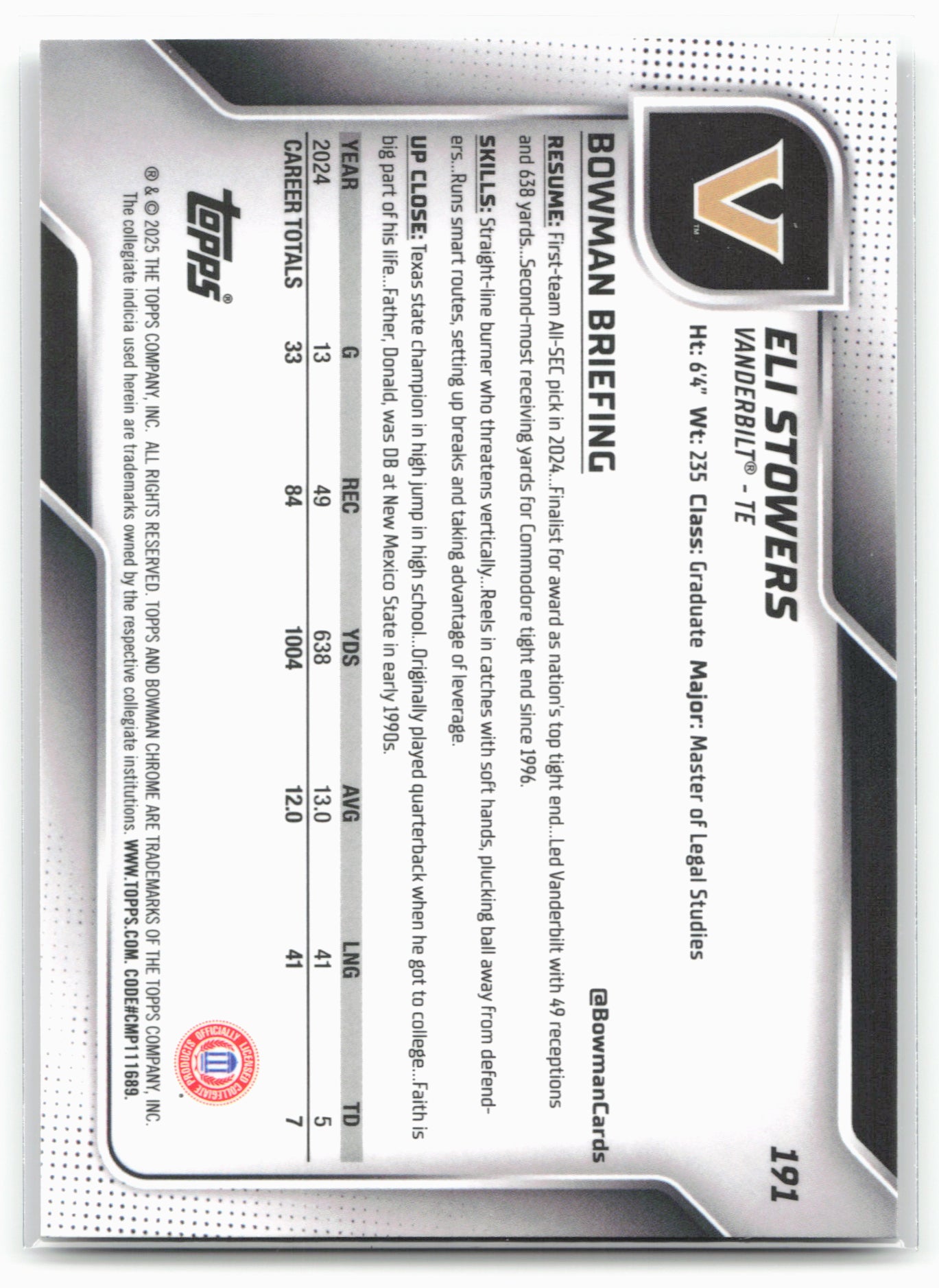 2025 Bowman University Chrome #191 Eli Stowers