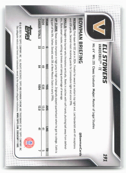 2025 Bowman University Chrome #191 Eli Stowers