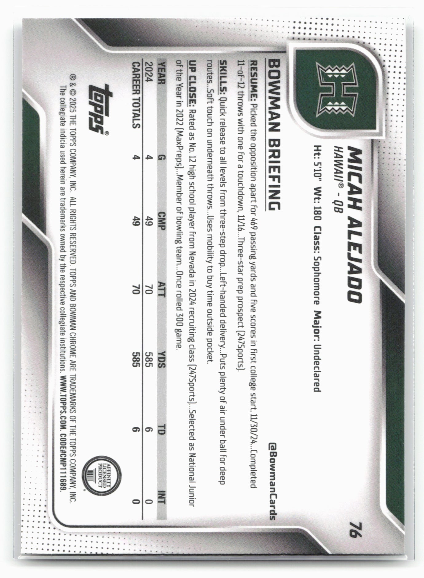 2025 Bowman University Chrome #76 Micah Alejado