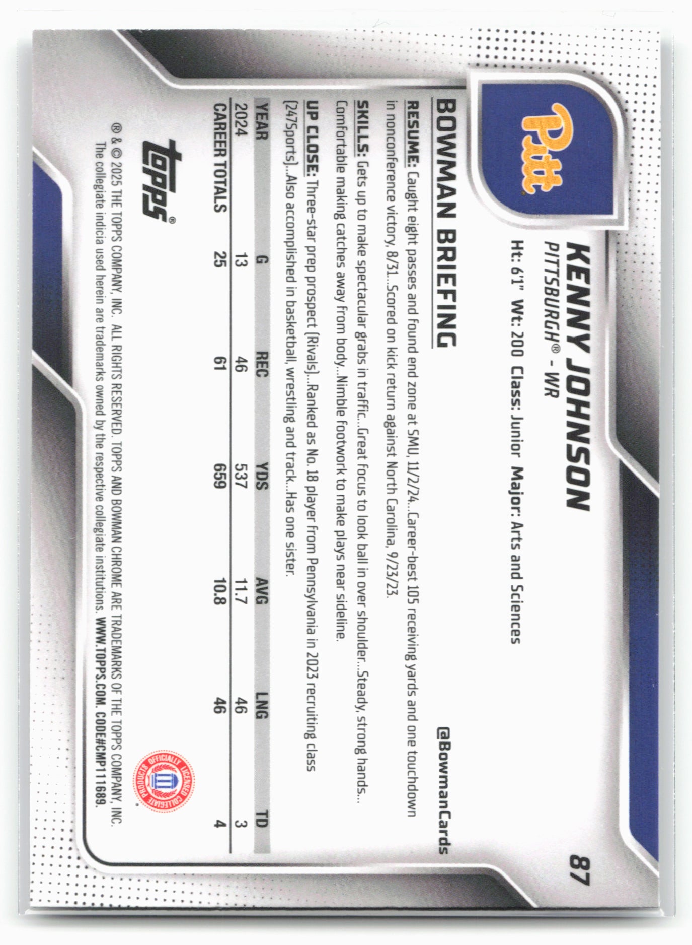 2025 Bowman University Chrome #87 Kenny Johnson