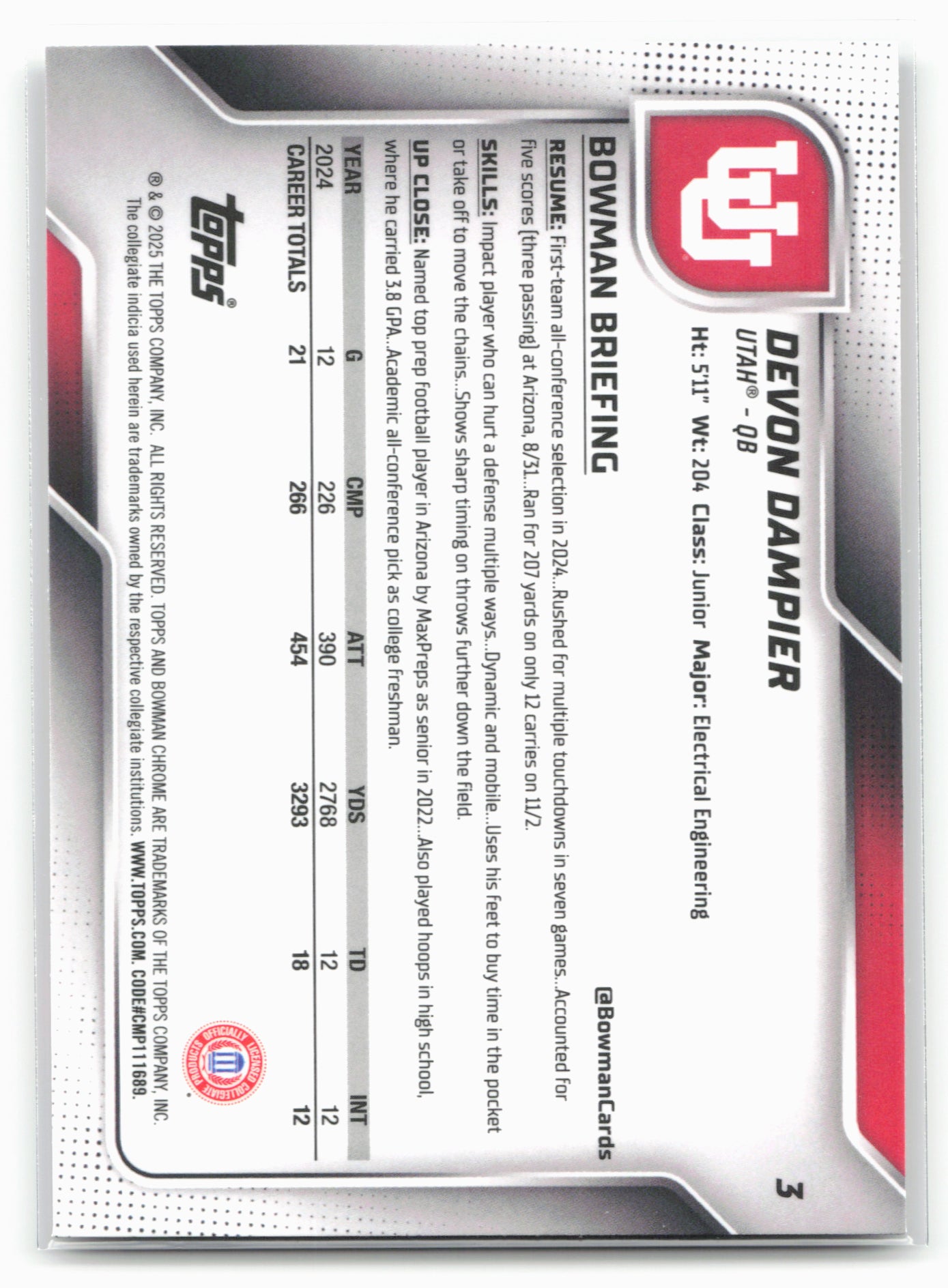 2025 Bowman University Chrome #3 Devon Dampier