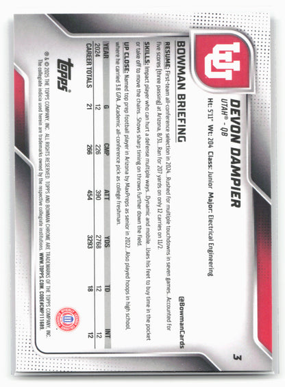 2025 Bowman University Chrome #3 Devon Dampier