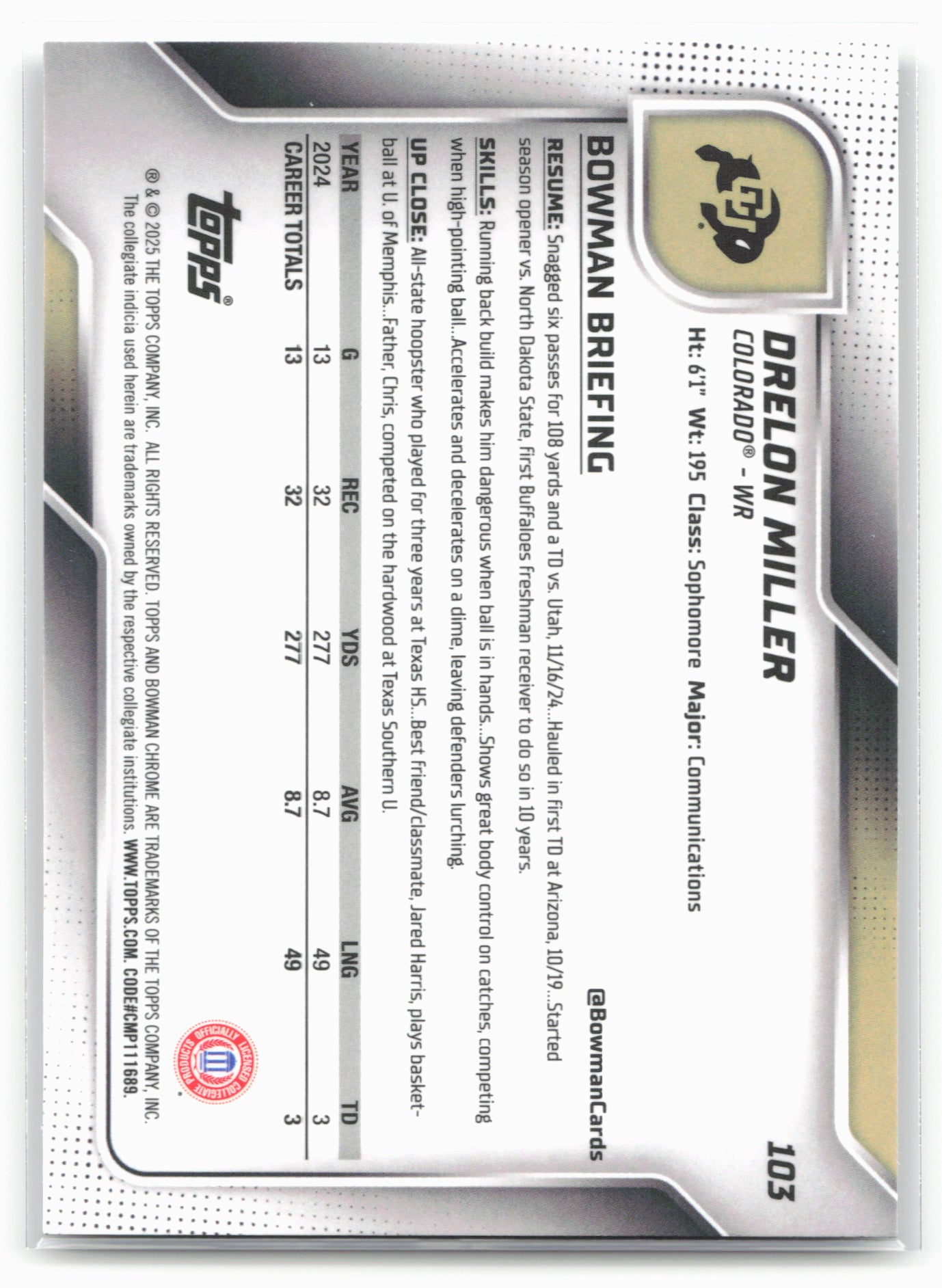 2025 Bowman University Chrome #103 Dre’Lon Miller
