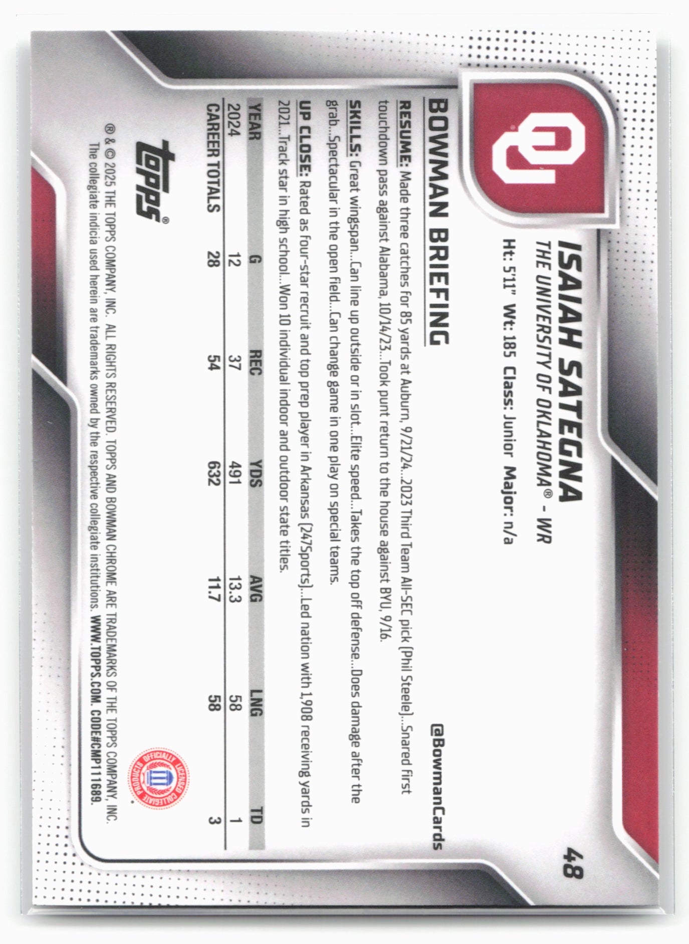 2025 Bowman University Chrome #48 Isaiah Sategna