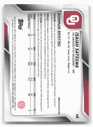 
2025 Bowman University Chrome #48 Isaiah Sategna