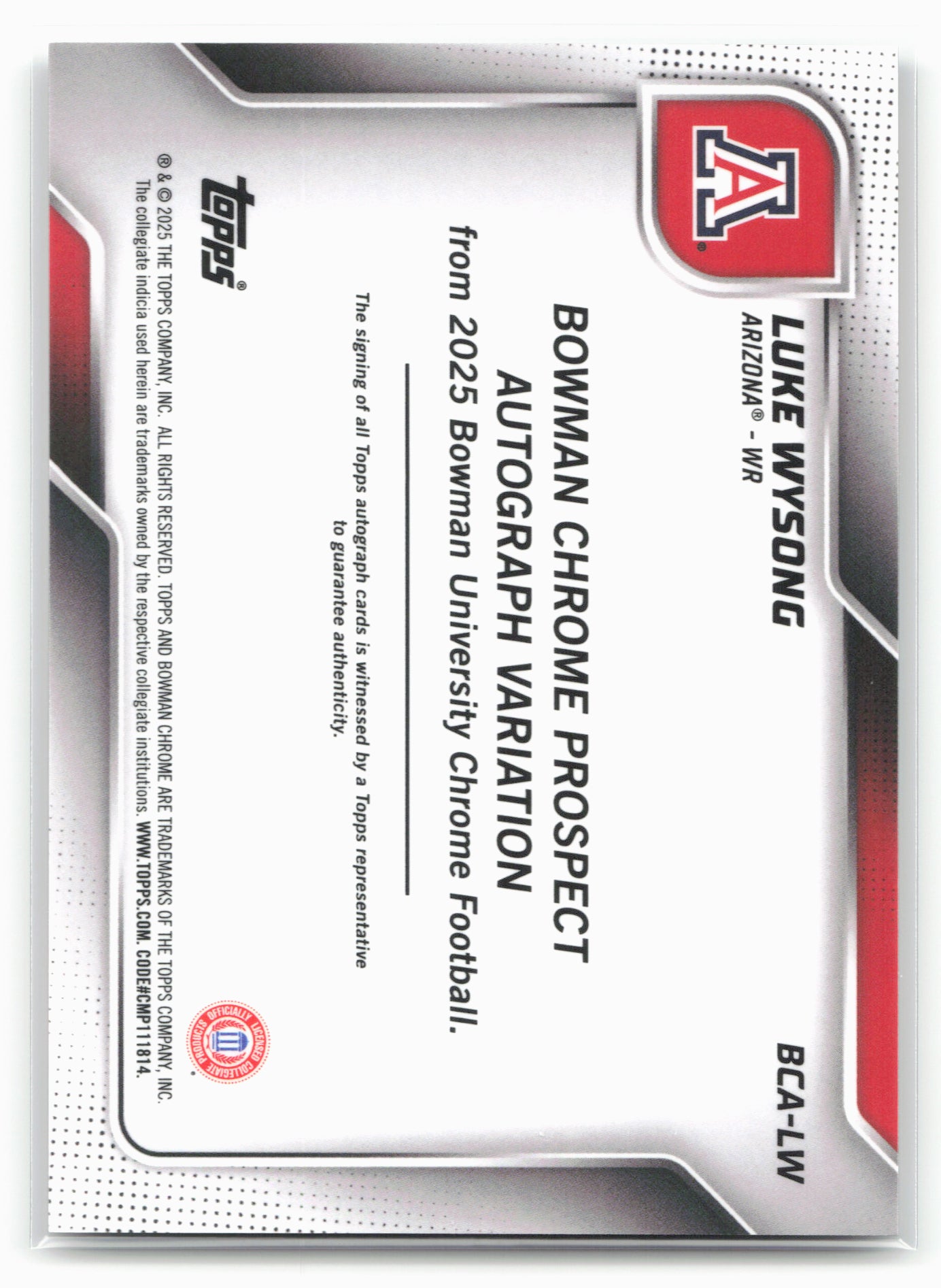 2025 Bowman University Chrome #BCA-LW Luke Wysong Chrome Prospect Autographs
