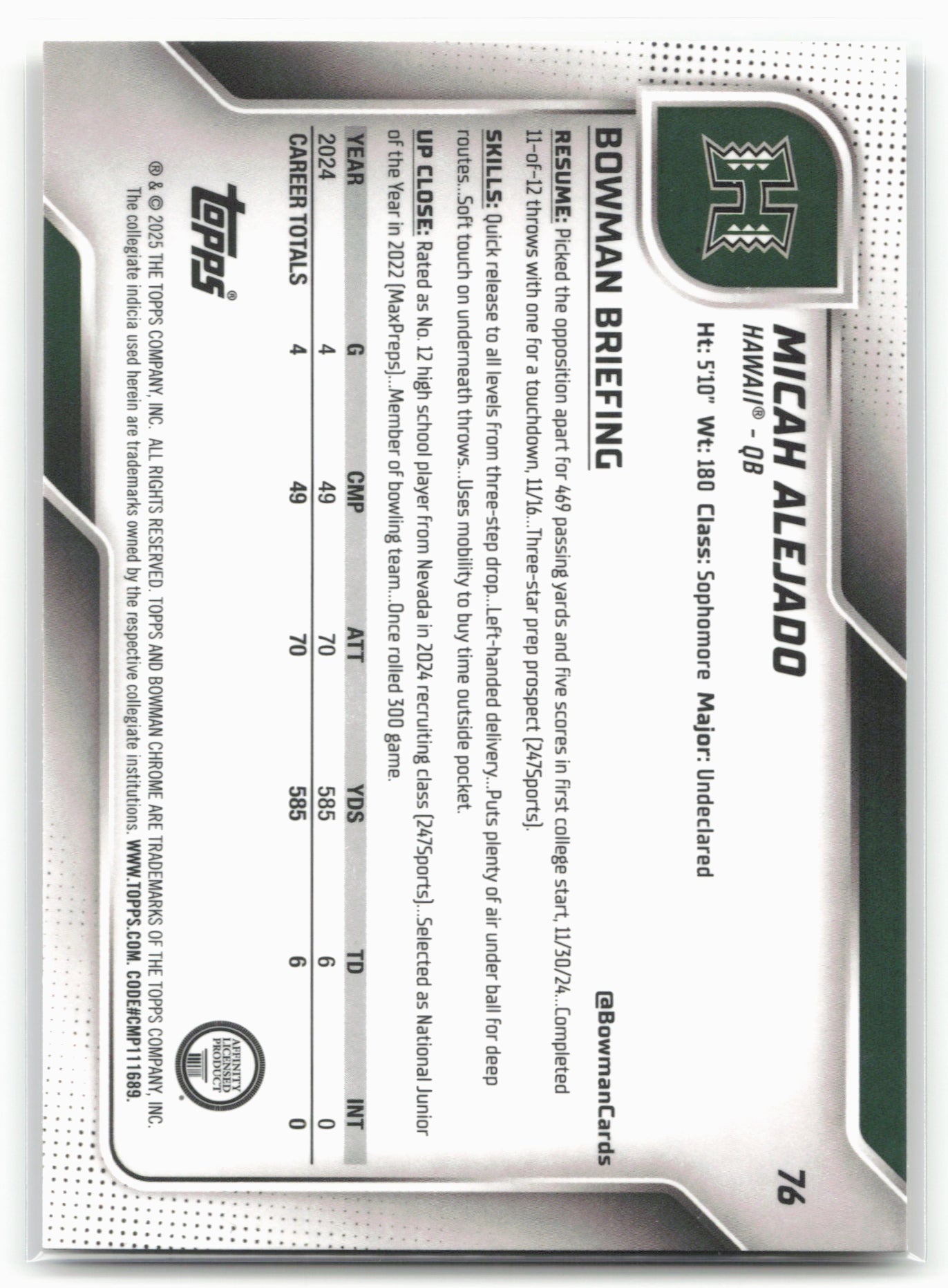 2025 Bowman University Chrome #76 Micah Alejado Yellow Mini-Diamond #/350