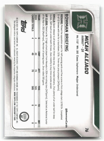 
2025 Bowman University Chrome #76 Micah Alejado Yellow Mini-Diamond #/350