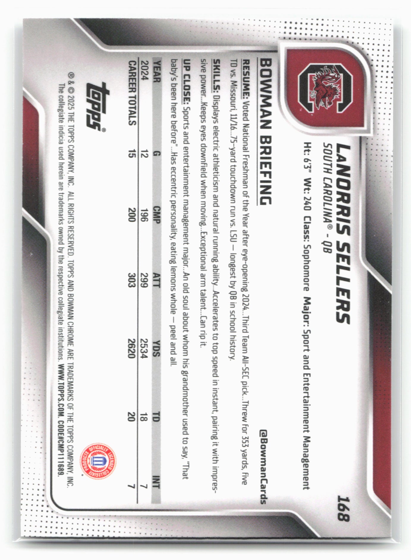 2025 Bowman University Chrome #168 LaNorris Sellers