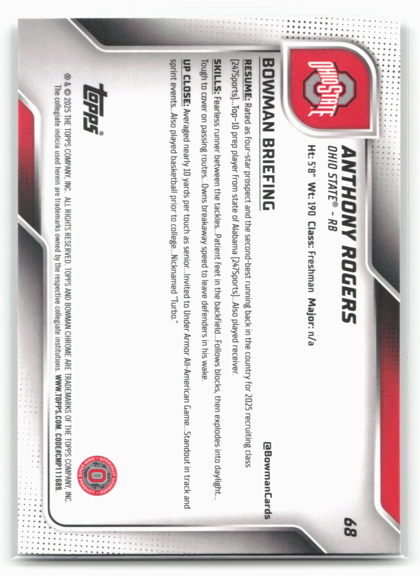 2025 Bowman University Chrome #68 Anthony Rogers