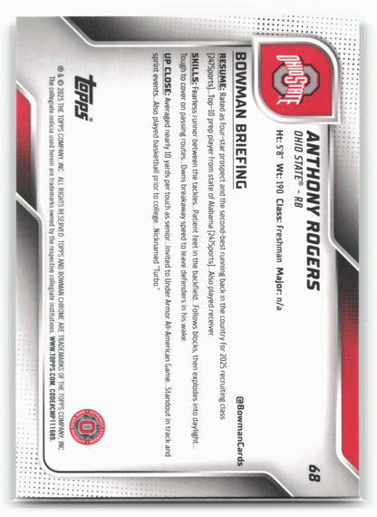 2025 Bowman University Chrome #68 Anthony Rogers