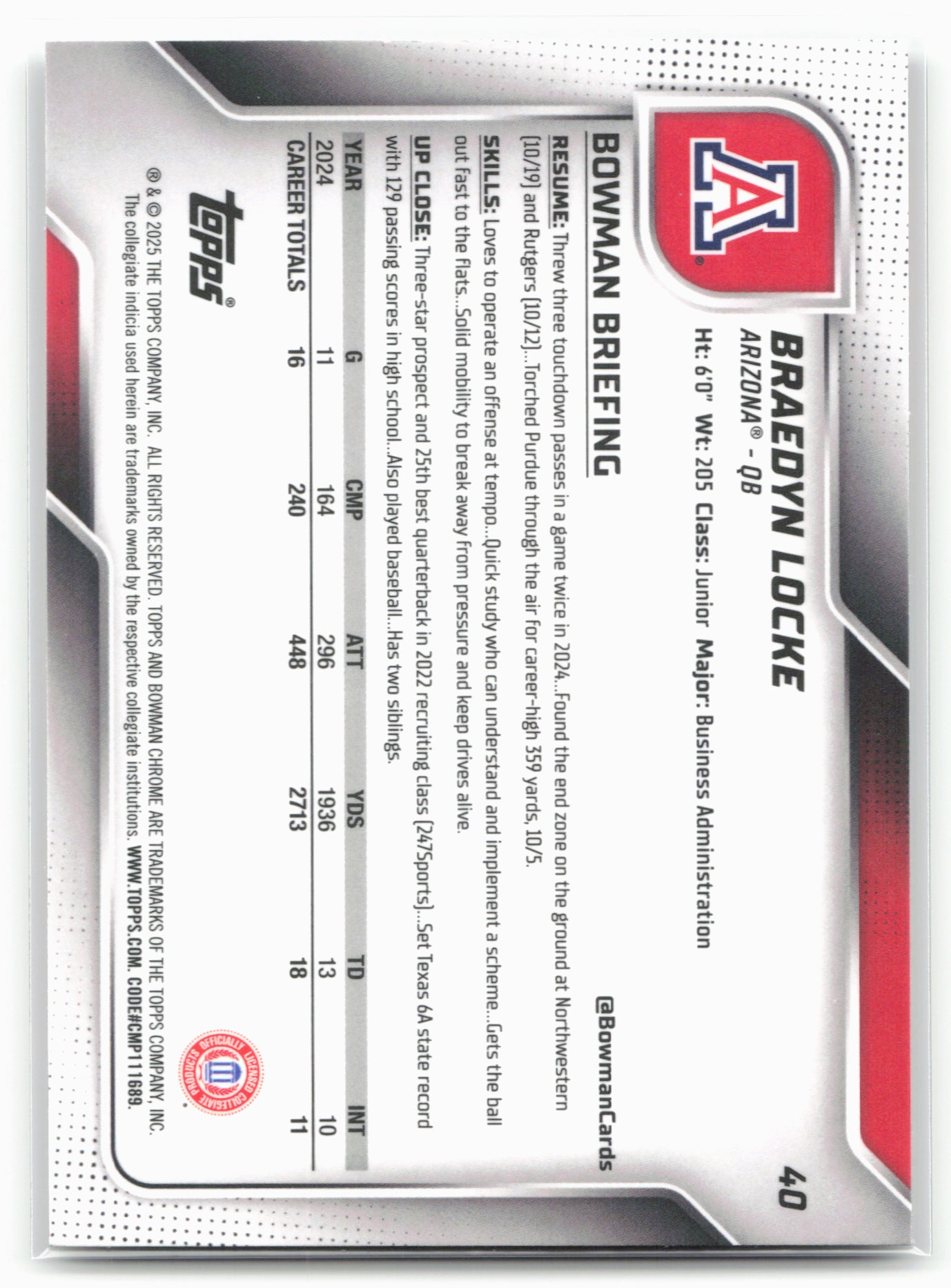 2025 Bowman University Chrome #40 Braedyn Locke