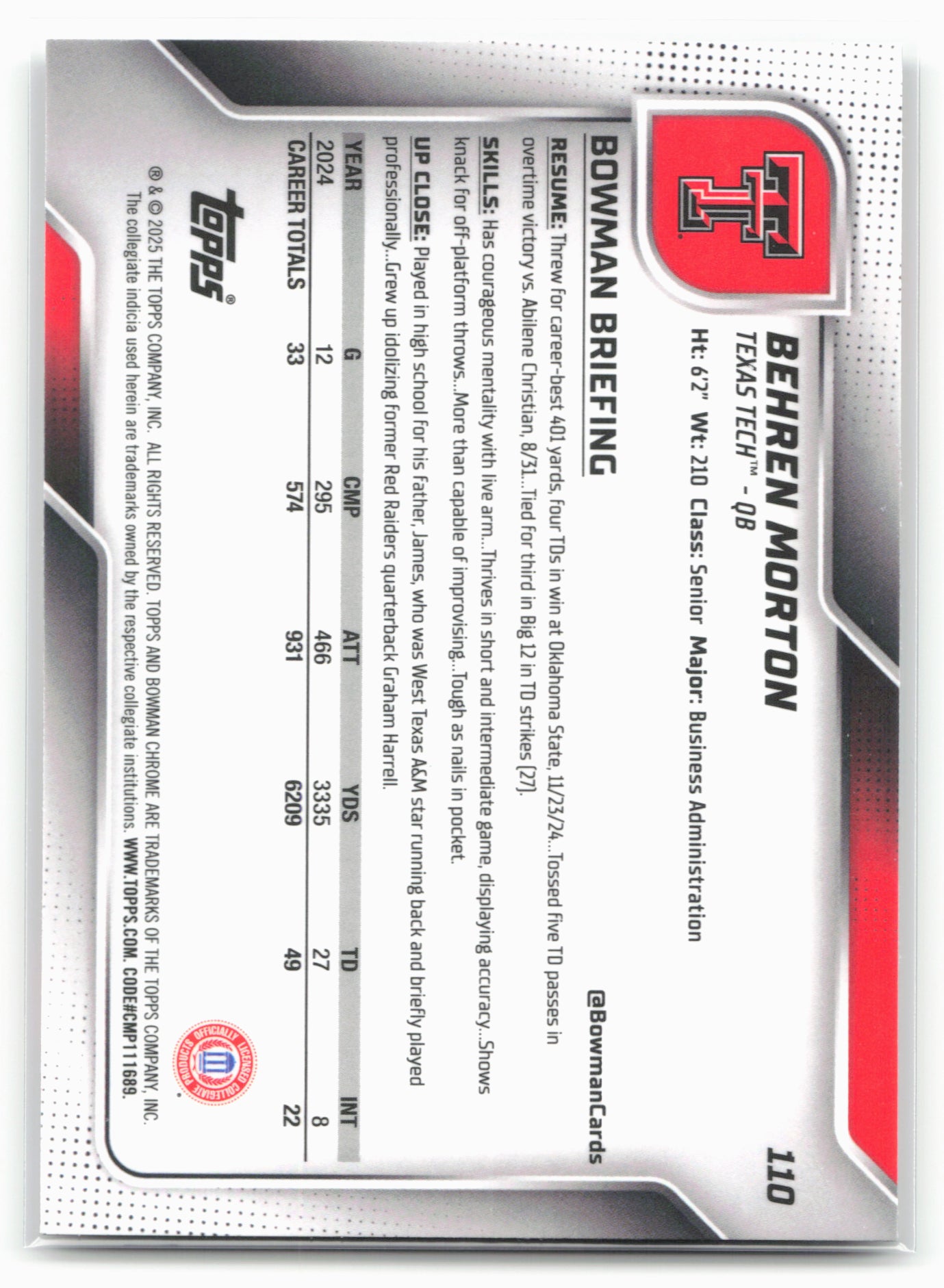 2025 Bowman University Chrome #110 Behren Morton