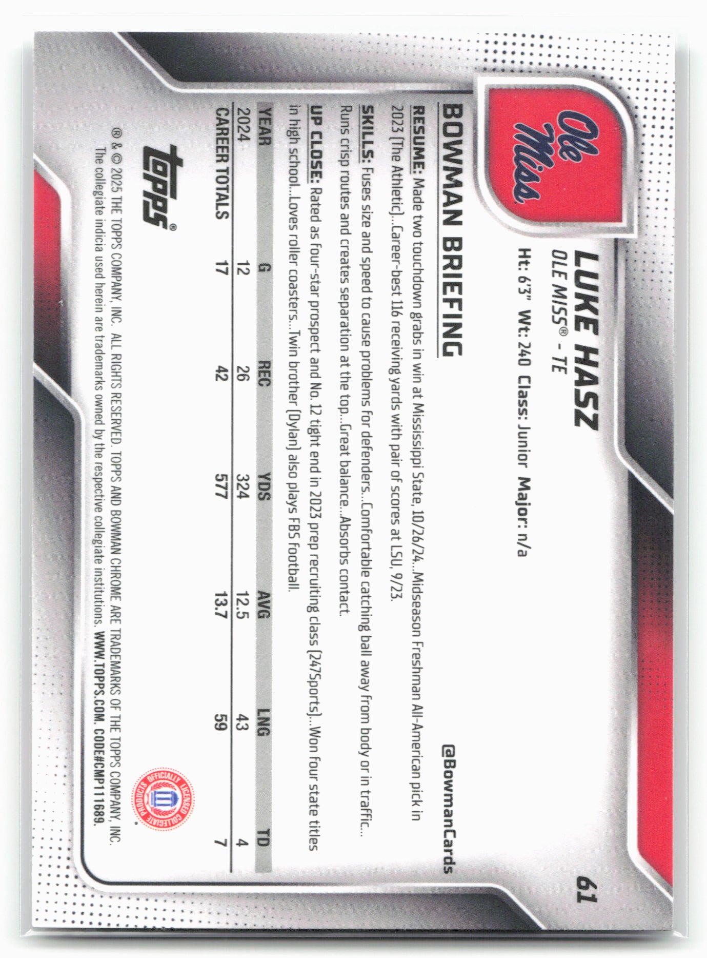 2025 Bowman University Chrome #61 Luke Hasz