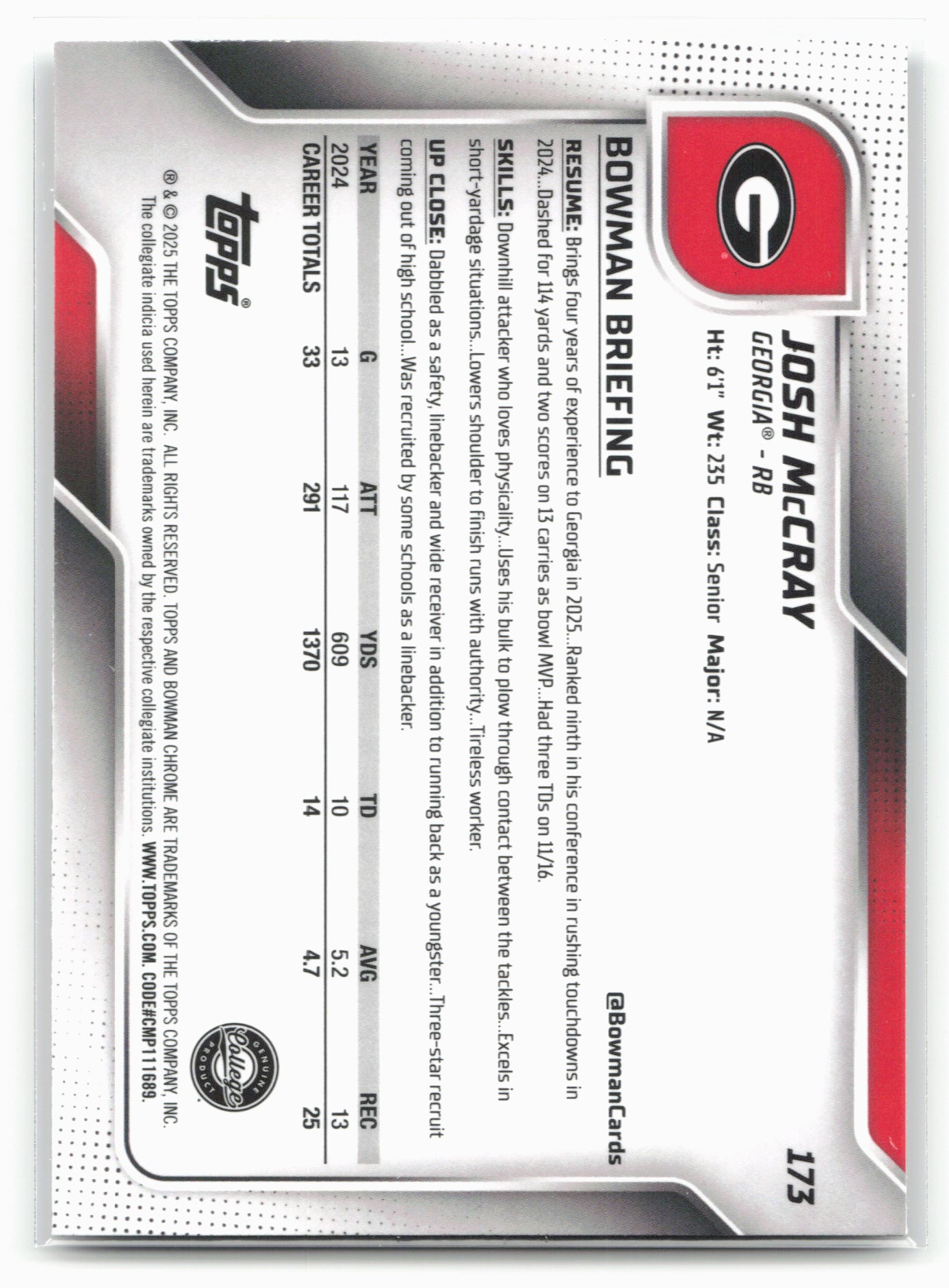 2025 Bowman University Chrome #173 Josh McCray