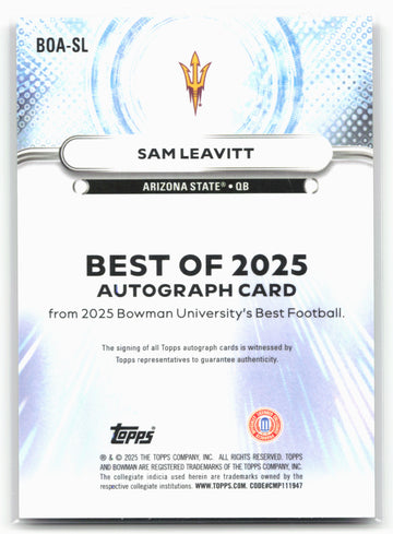 
2025 Bowman University Best #BOA-SL Sam Leavitt Autographs Green Diamond #/99