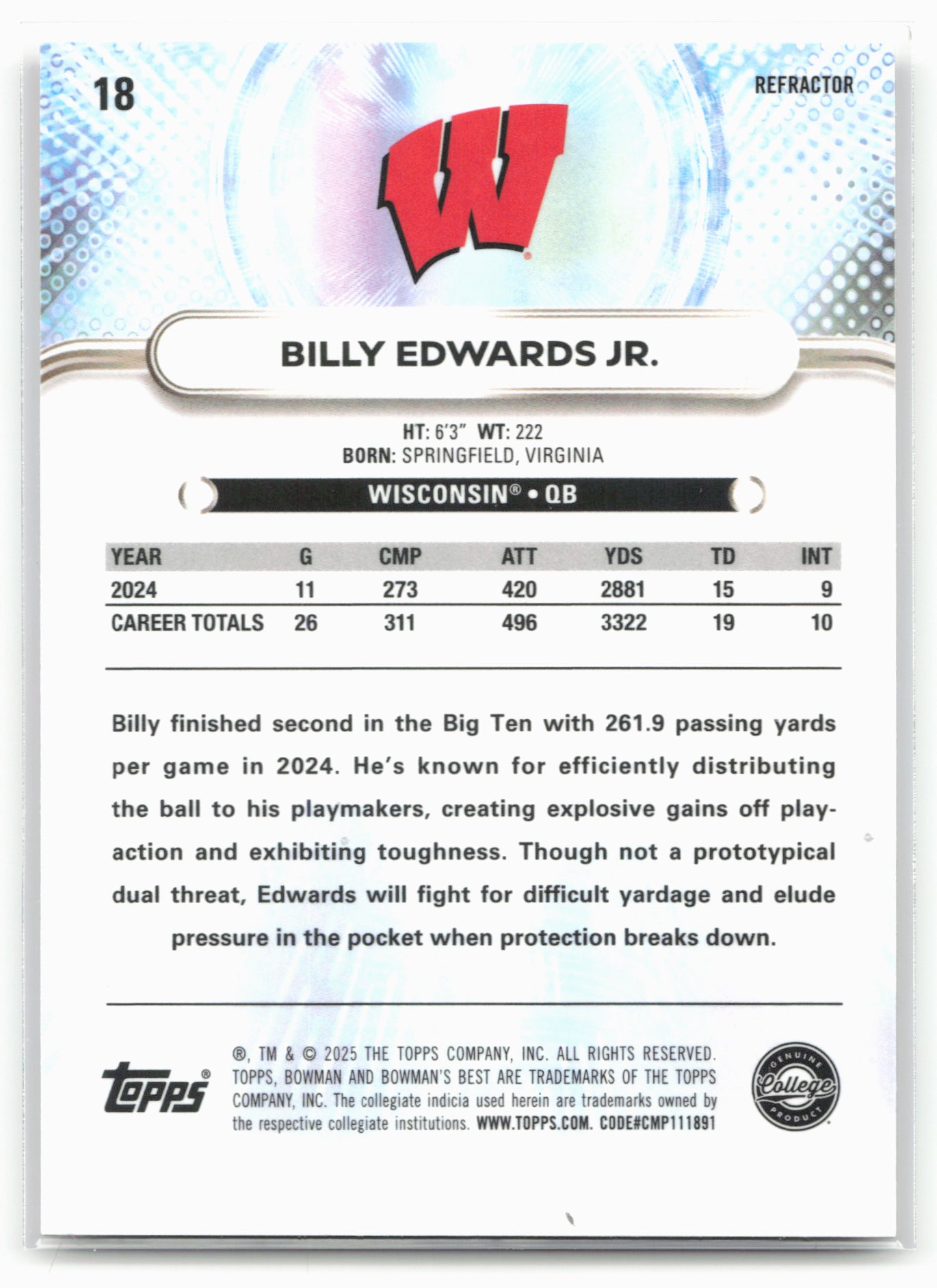 2025 Bowman University Best #18 Billy Edwards Jr. Refractor 25222