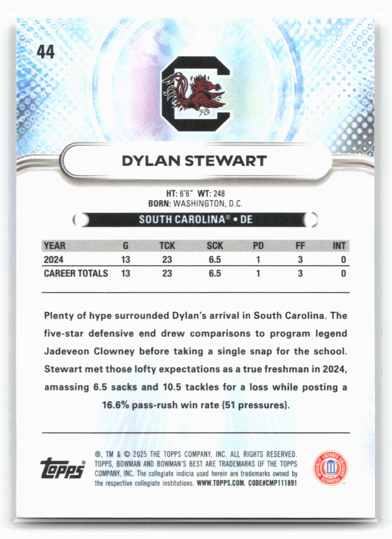 2025 Bowman University Best #44 Dylan Stewart Blue 25223