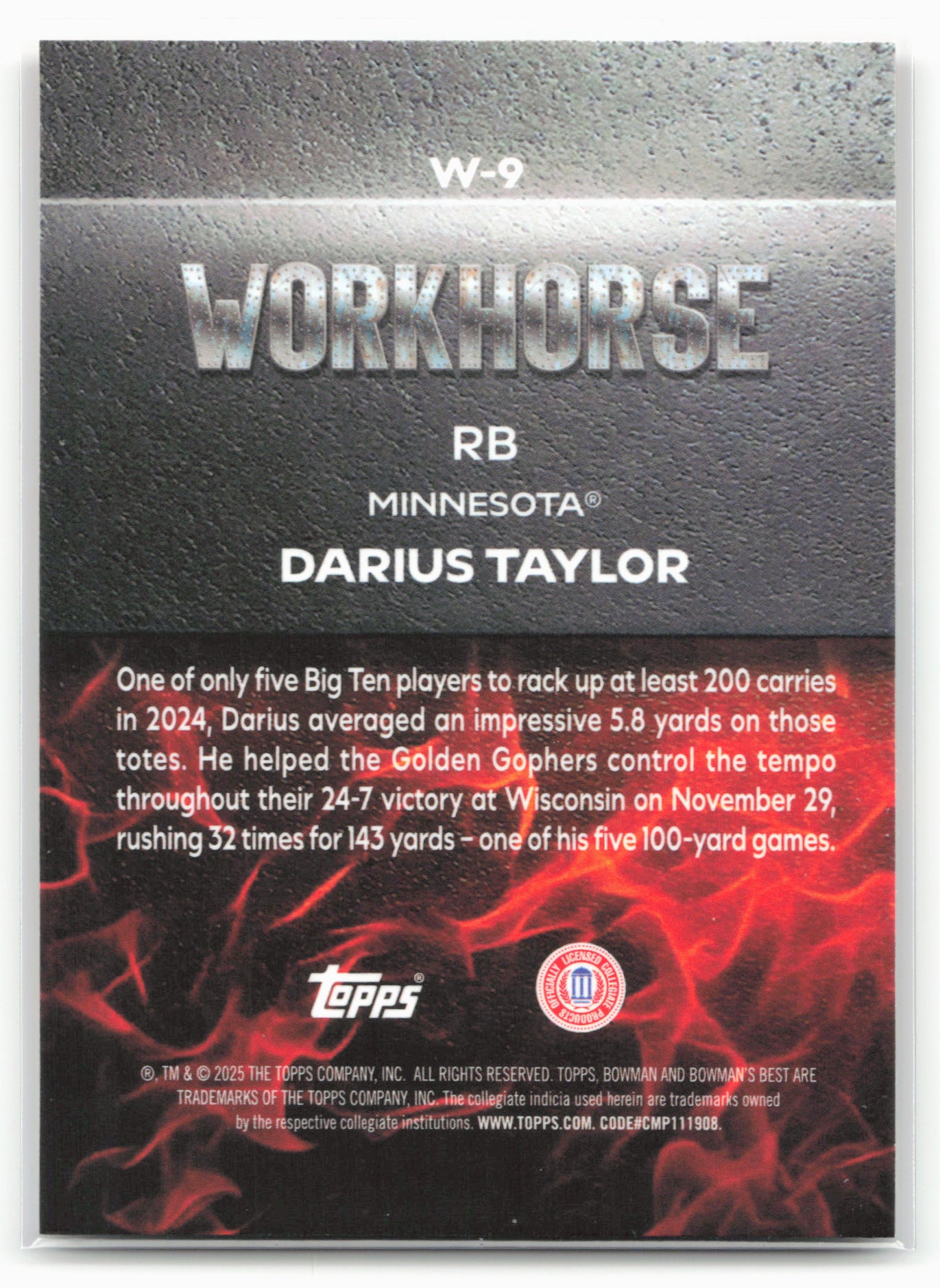 2025 Bowman University Best #W-9 Darius Taylor Workhorse 25225