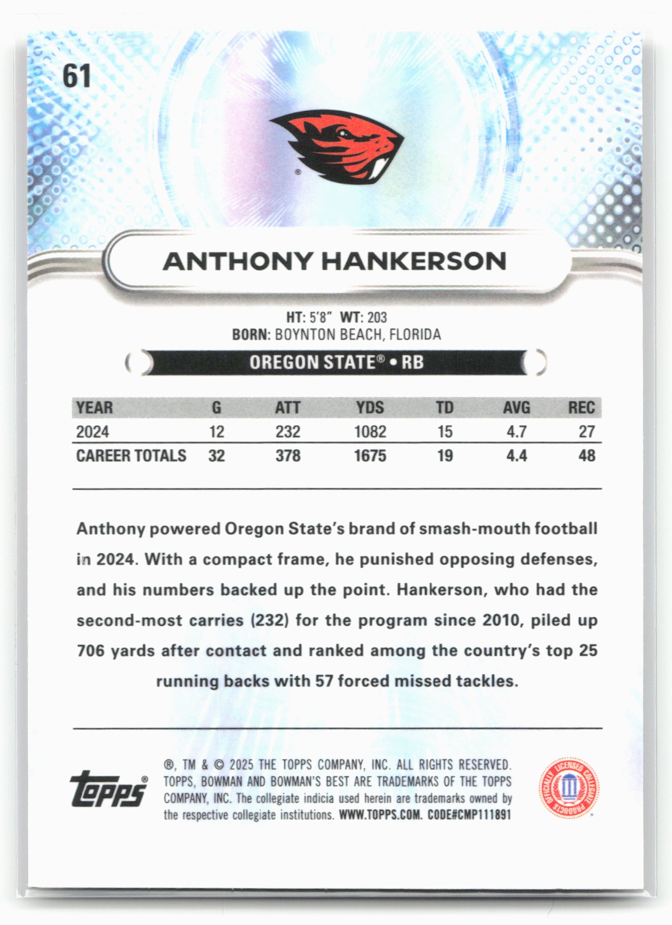 2025 Bowman University Best #61 Anthony Hankerson 25226