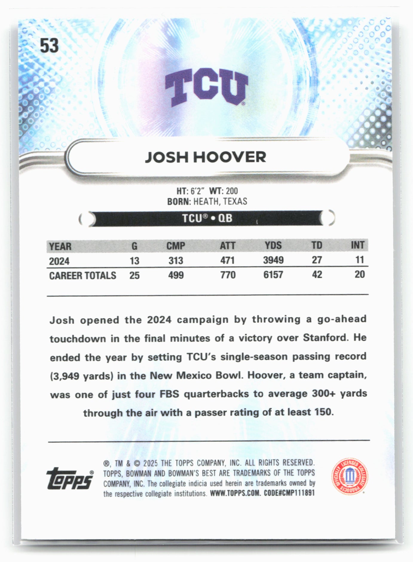 2025 Bowman University Best #53 Josh Hoover 25227