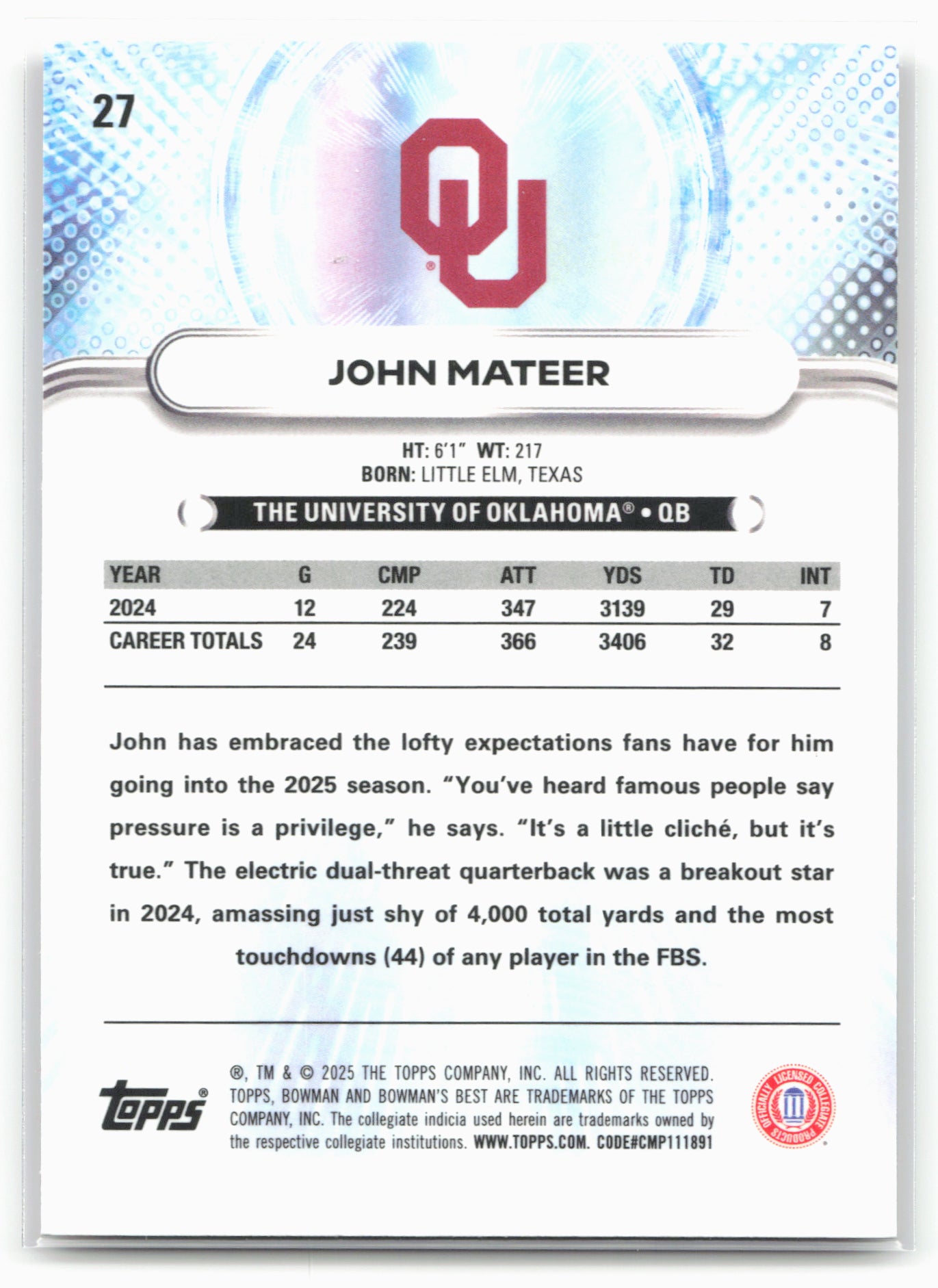 2025 Bowman University Best #27 John Mateer 25230