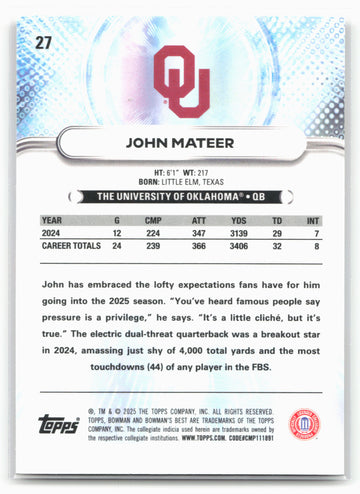 
2025 Bowman University Best #27 John Mateer 25230