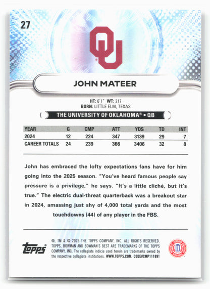 2025 Bowman University Best #27 John Mateer 25230