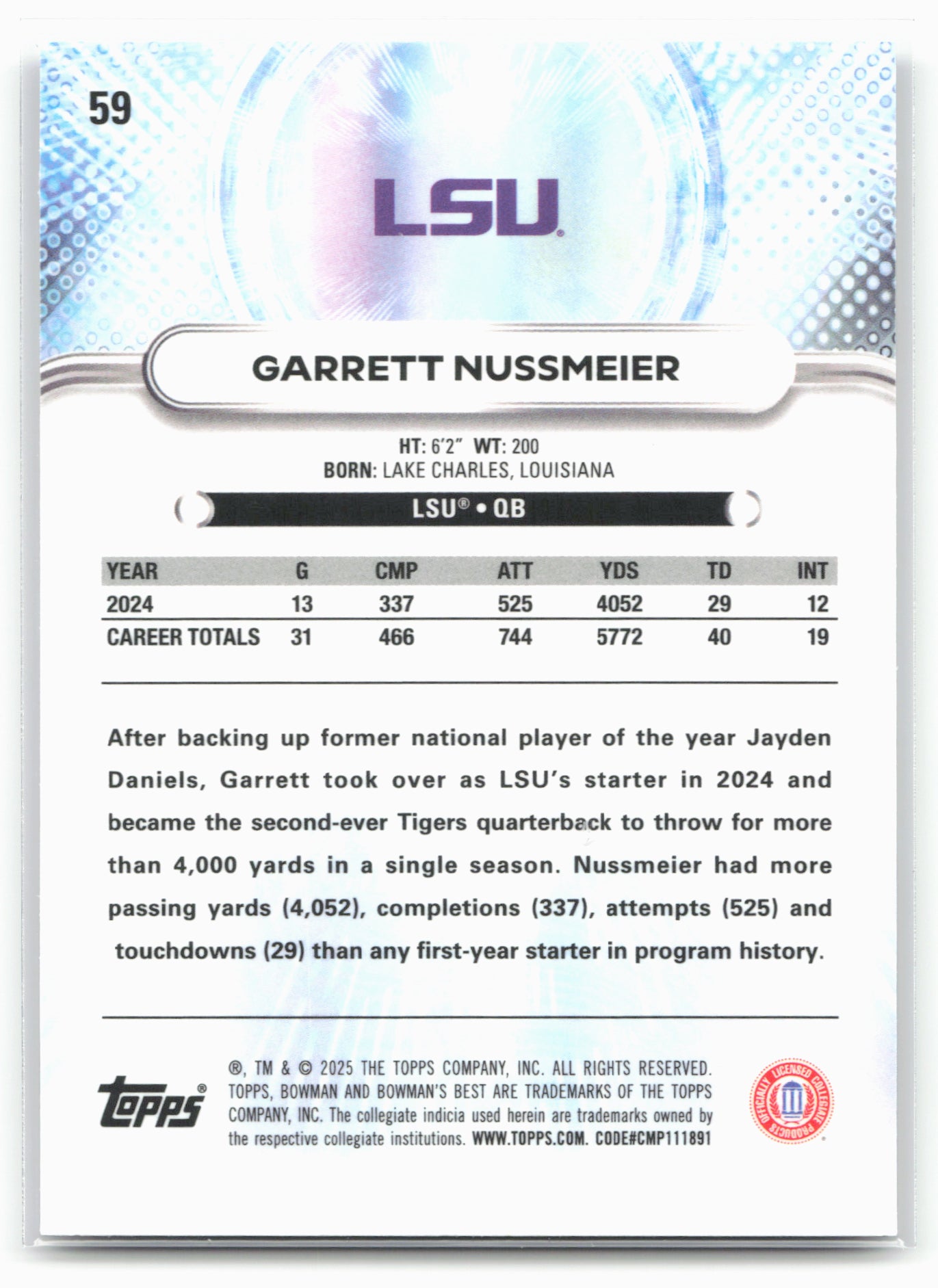 2025 Bowman University Best #59 Garrett Nussmeier 25231