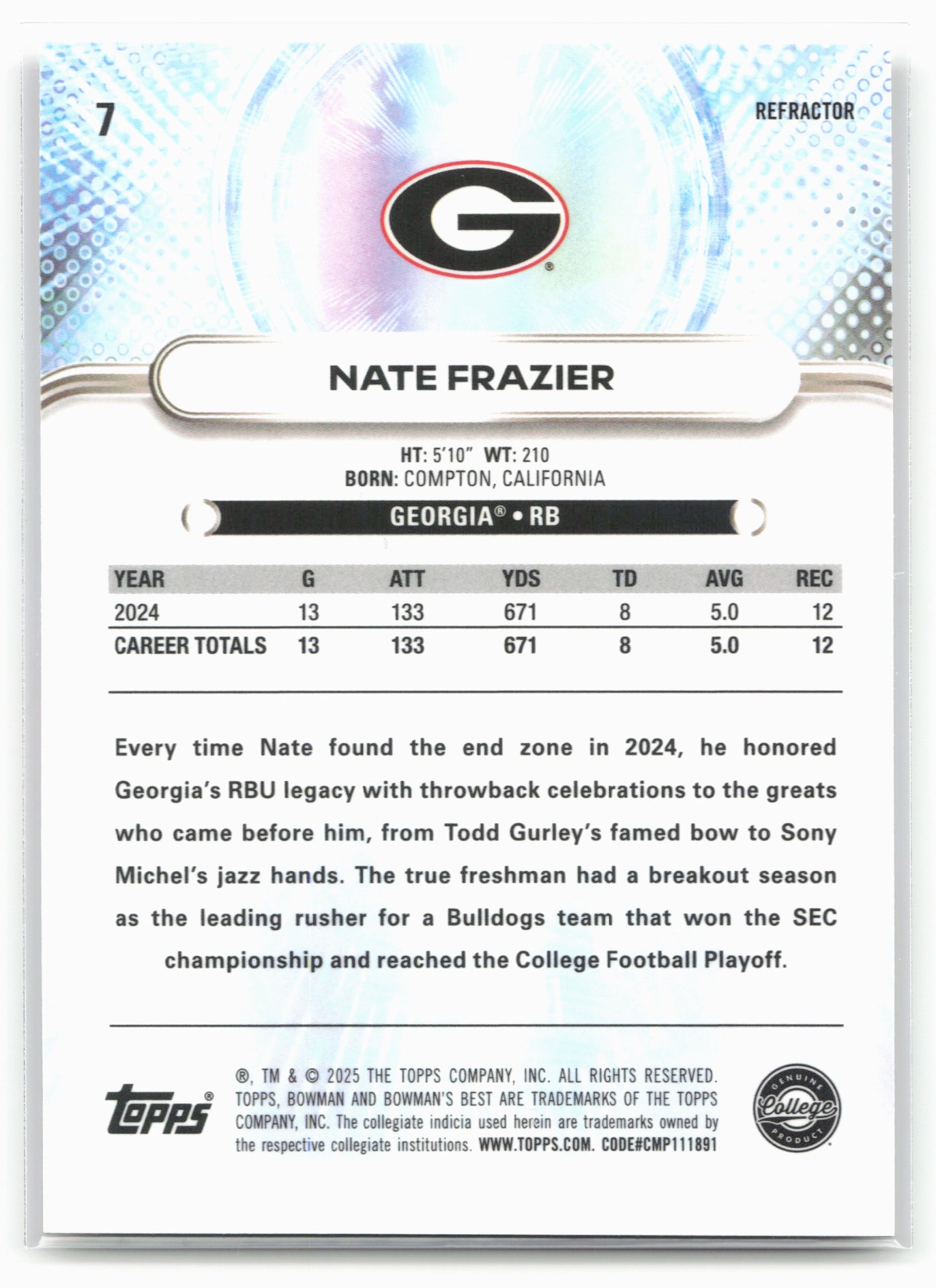 2025 Bowman University Best #7 Nate Frazier Refractor