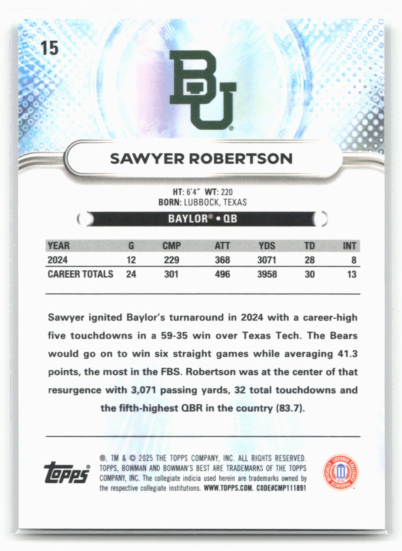 2025 Bowman University Best #15 Sawyer Robertson
