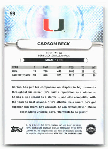 
2025 Bowman University Best #99 Carson Beck Pink Lava 25242