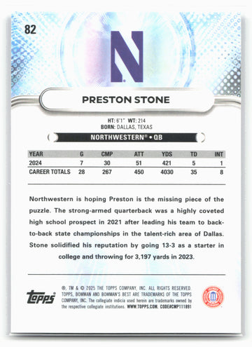 
2025 Bowman University Best #82 Preston Stone 25245