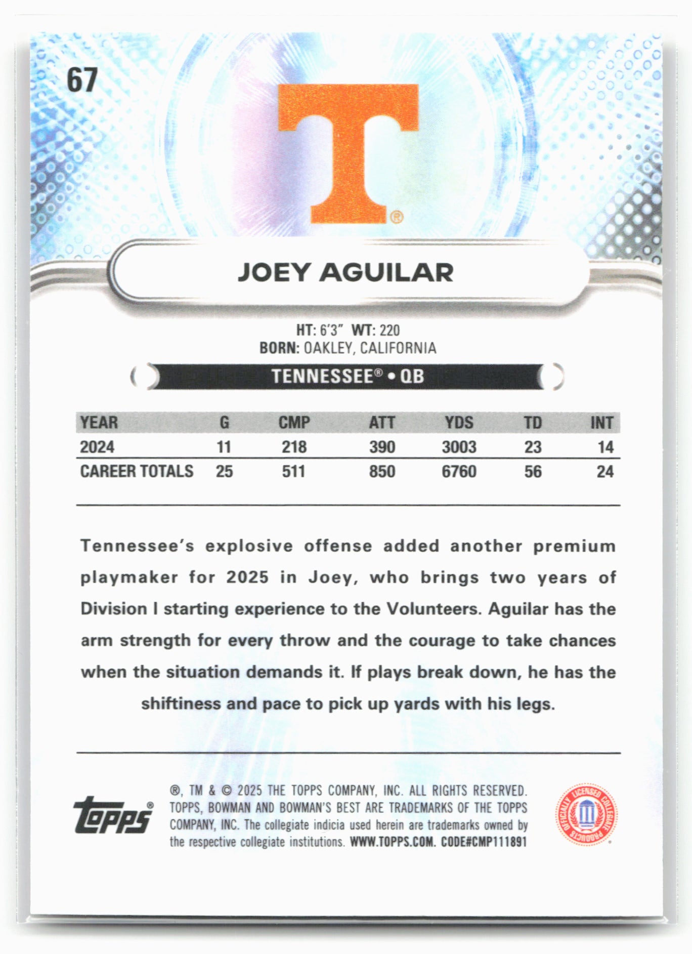 2025 Bowman University Best #67 Joey Aguilar