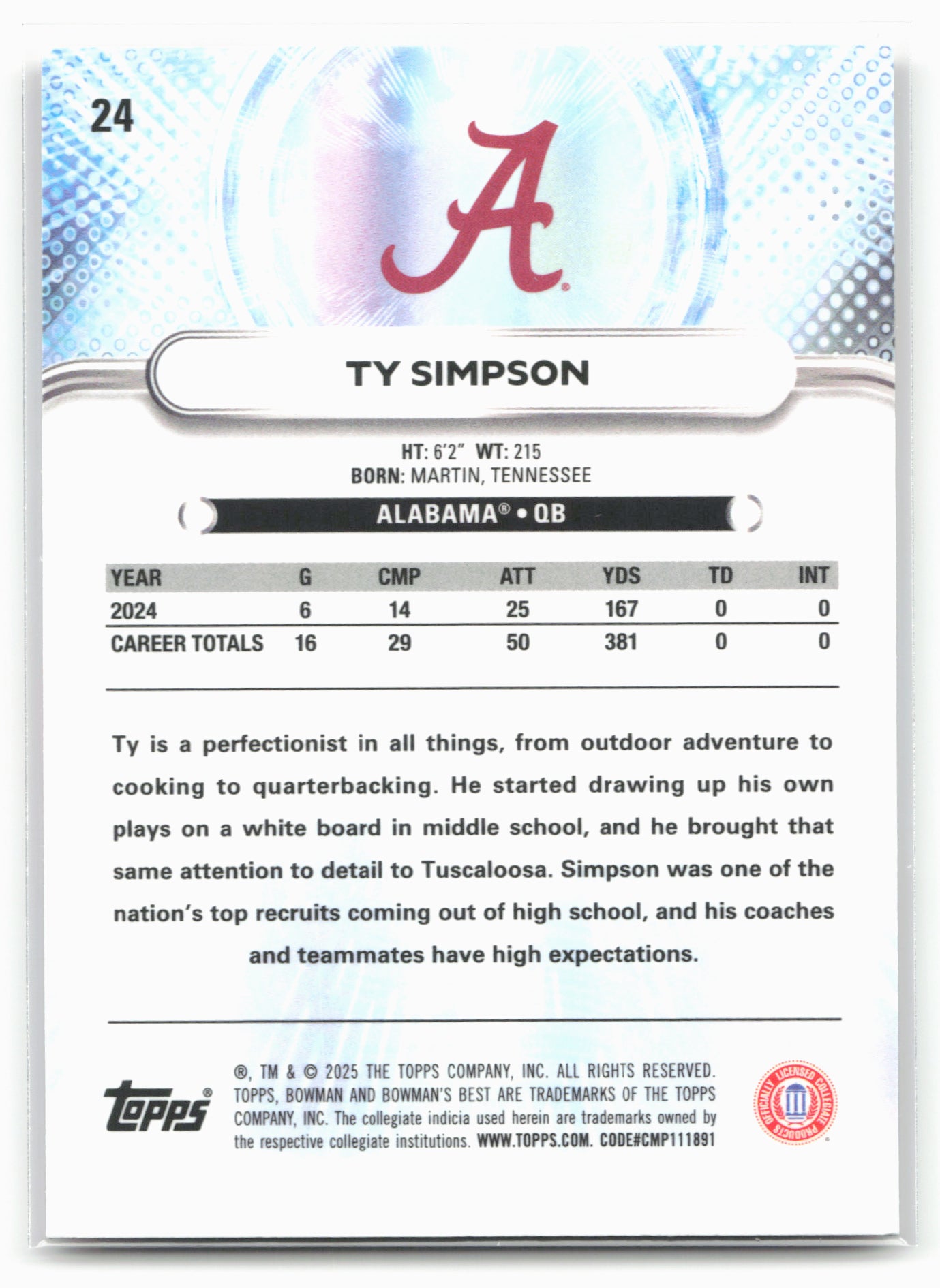 2025 Bowman University Best #24 Ty Simpson