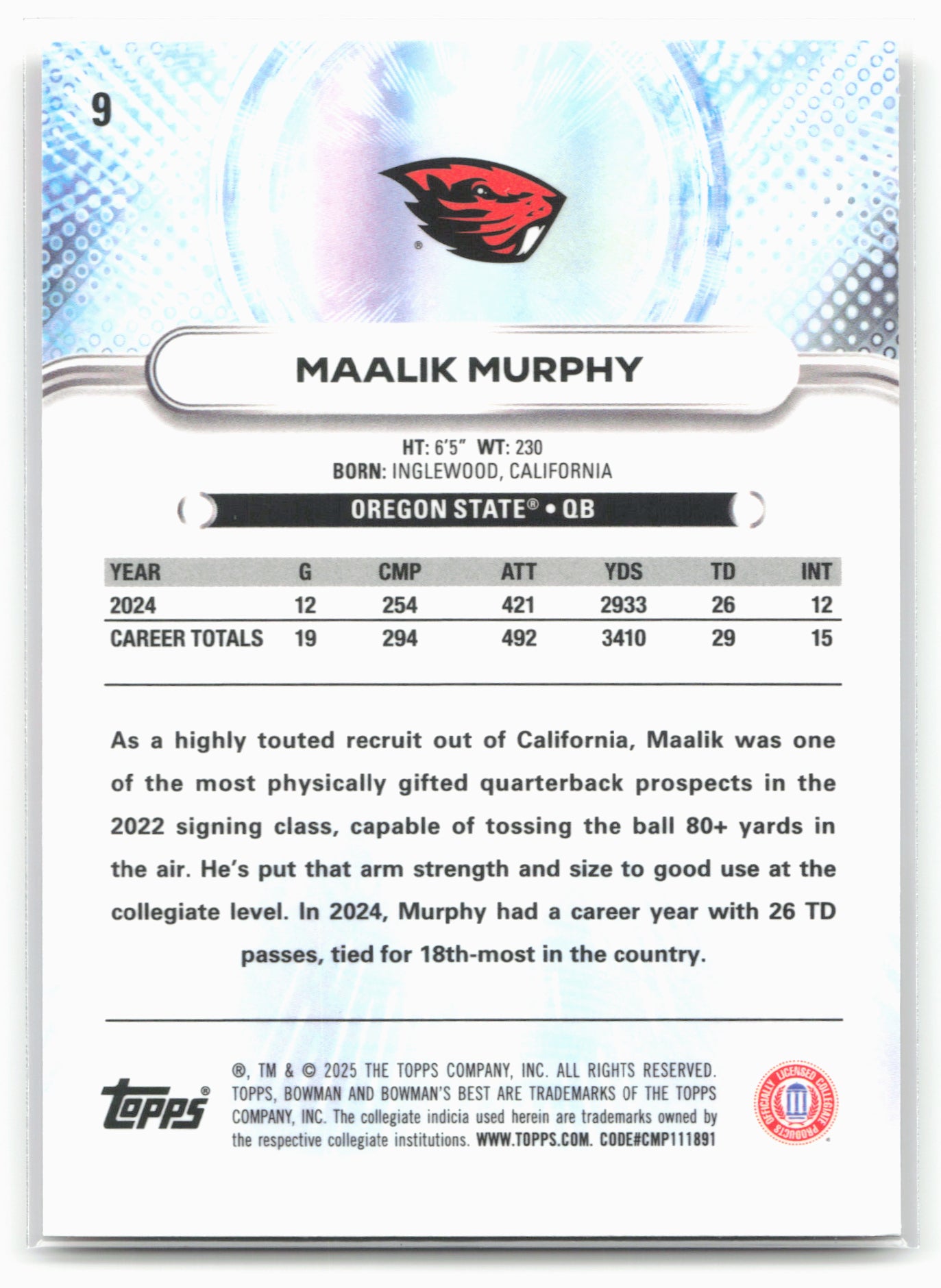 2025 Bowman University Best #9 Maalik Murphy