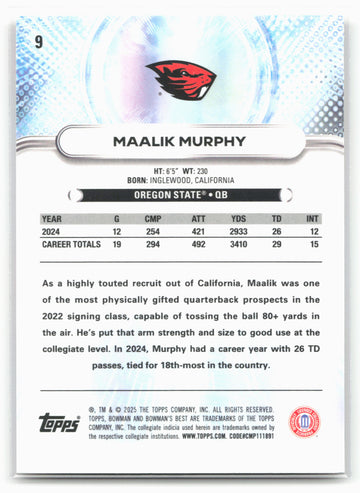 
2025 Bowman University Best #9 Maalik Murphy 25248