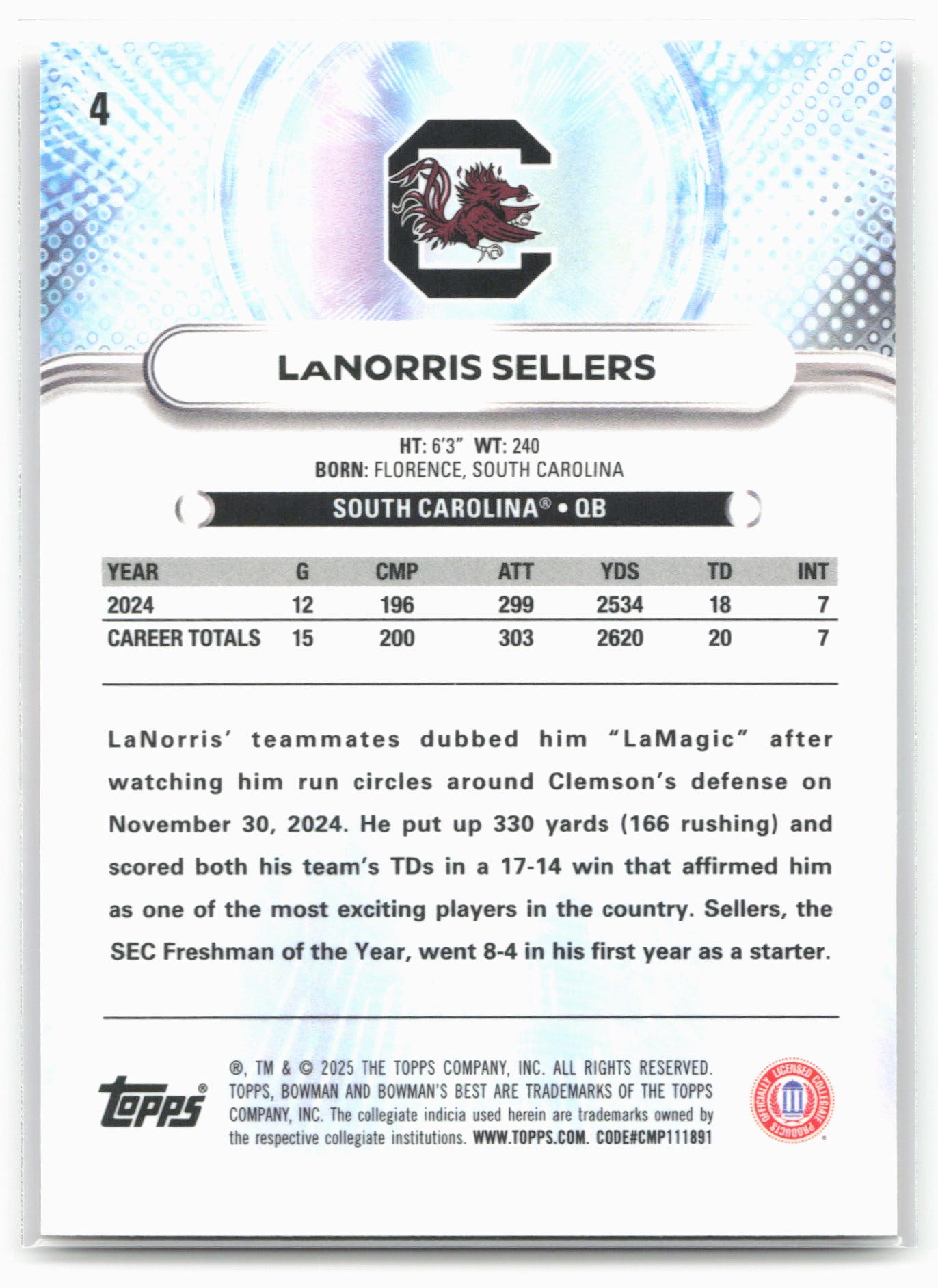 2025 Bowman University Best #4 LaNorris Sellers