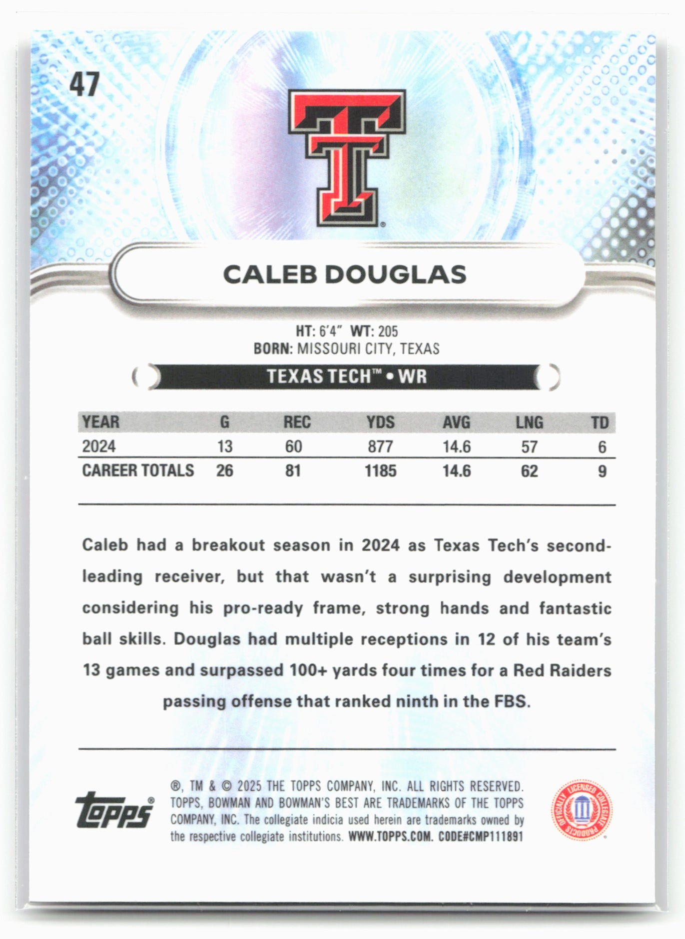 2025 Bowman University Best #47 Caleb Douglas Shimmer