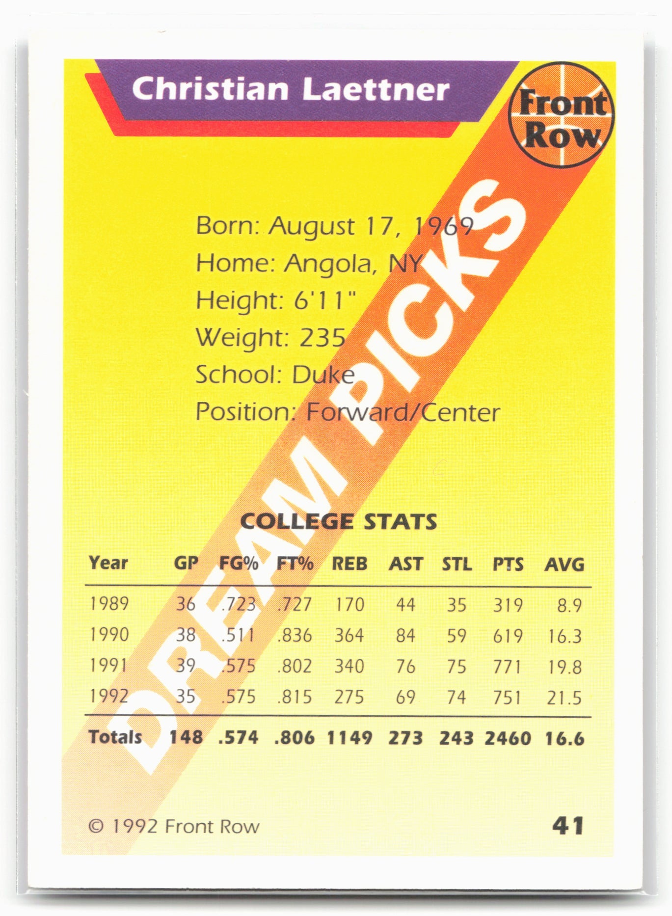 1992 Front Row Dream Picks #41 Christian Laettner