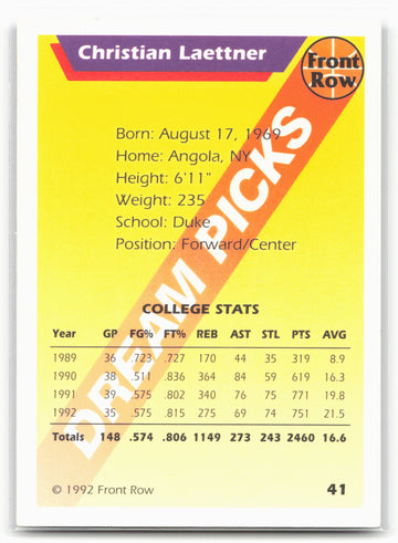 1992 Front Row Dream Picks #41 Christian Laettner