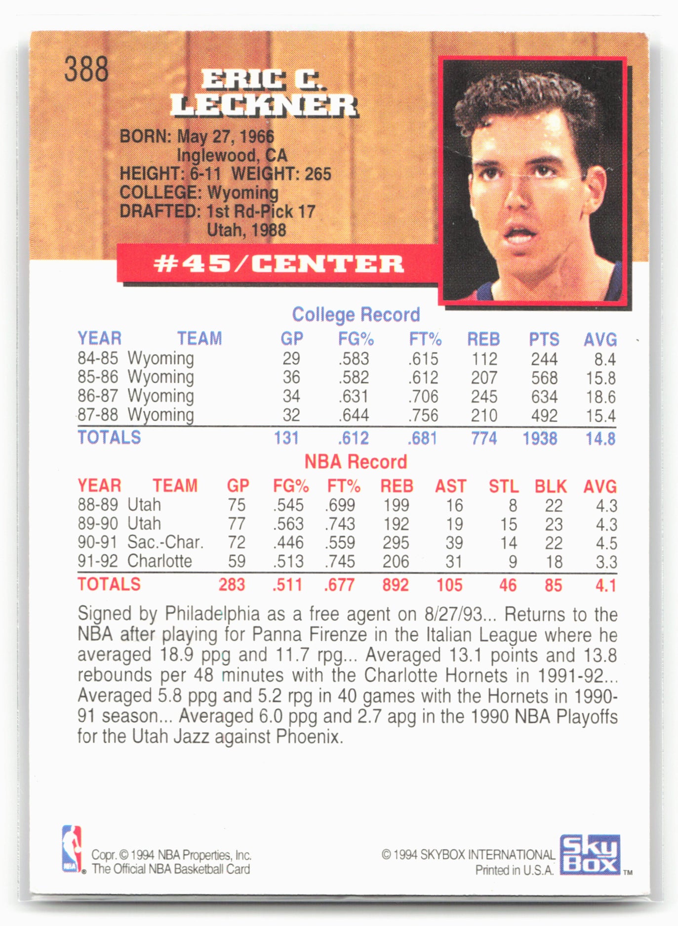 1993-94 Hoops #388 Eric Leckner Fifth Anniversary Gold