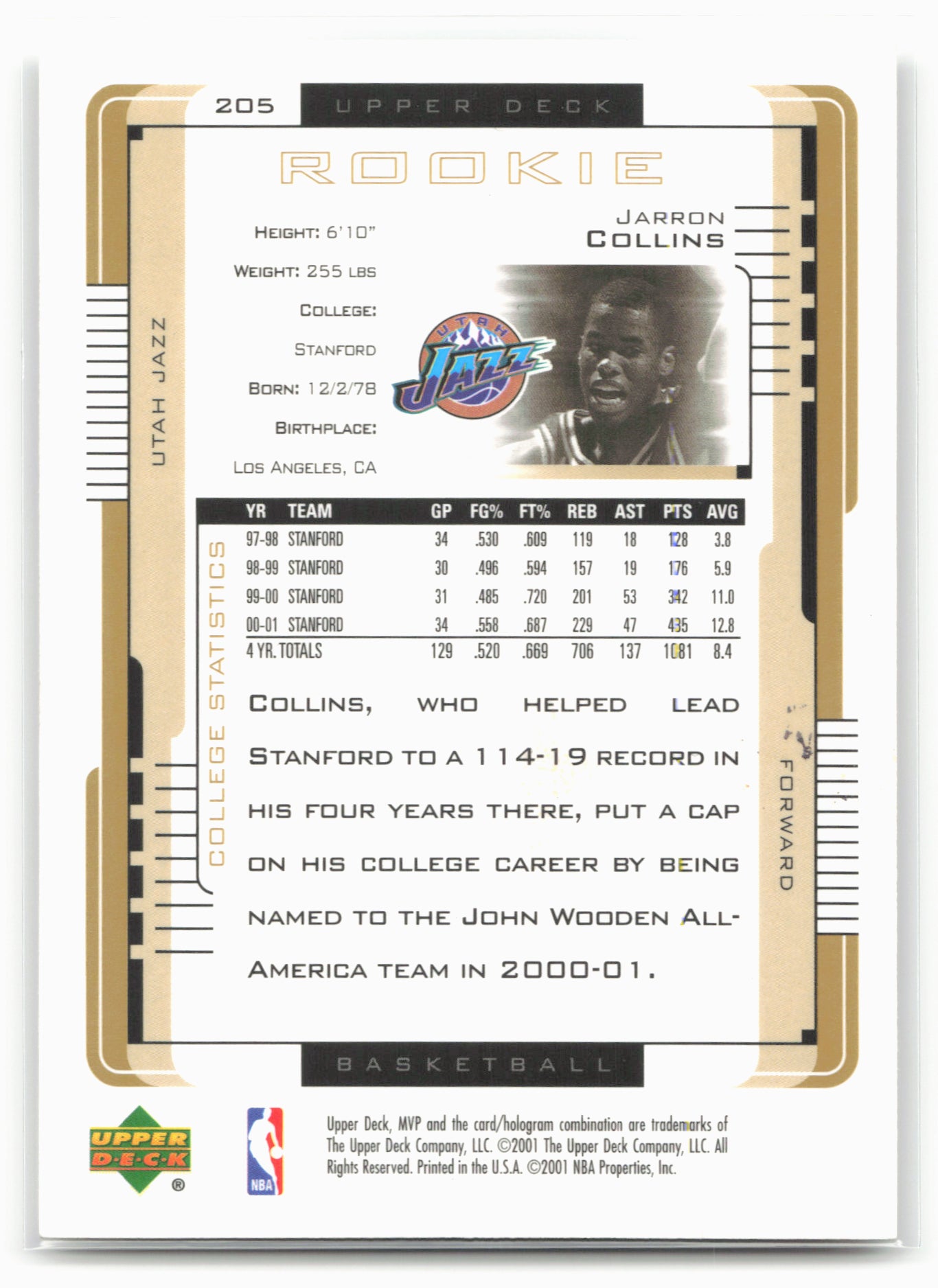 2001-02 Upper Deck MVP #205 Jarron Collins