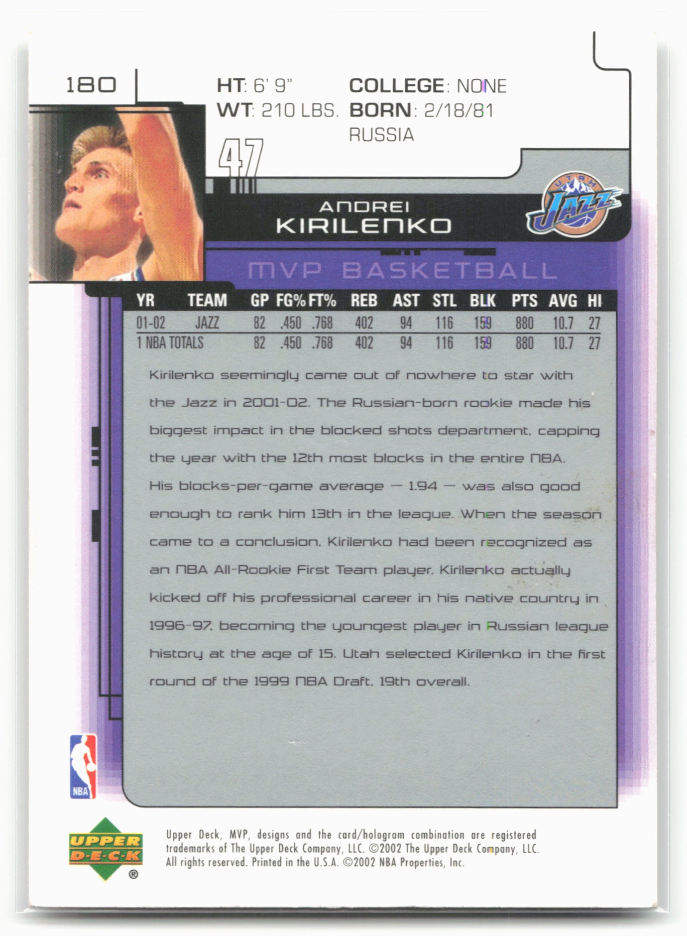 2002-03 Upper Deck MVP #180 Andrei Kirilenko