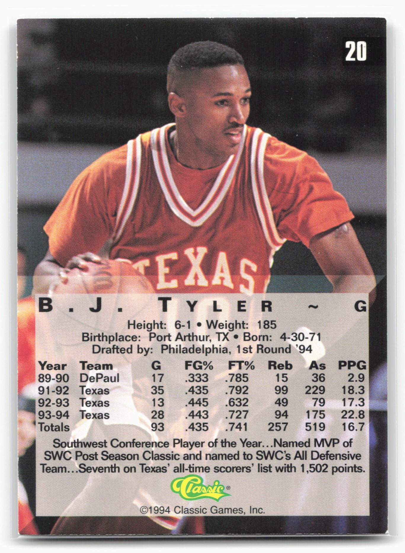 1994 Classic Four Sport #20 B.J. Tyler Gold