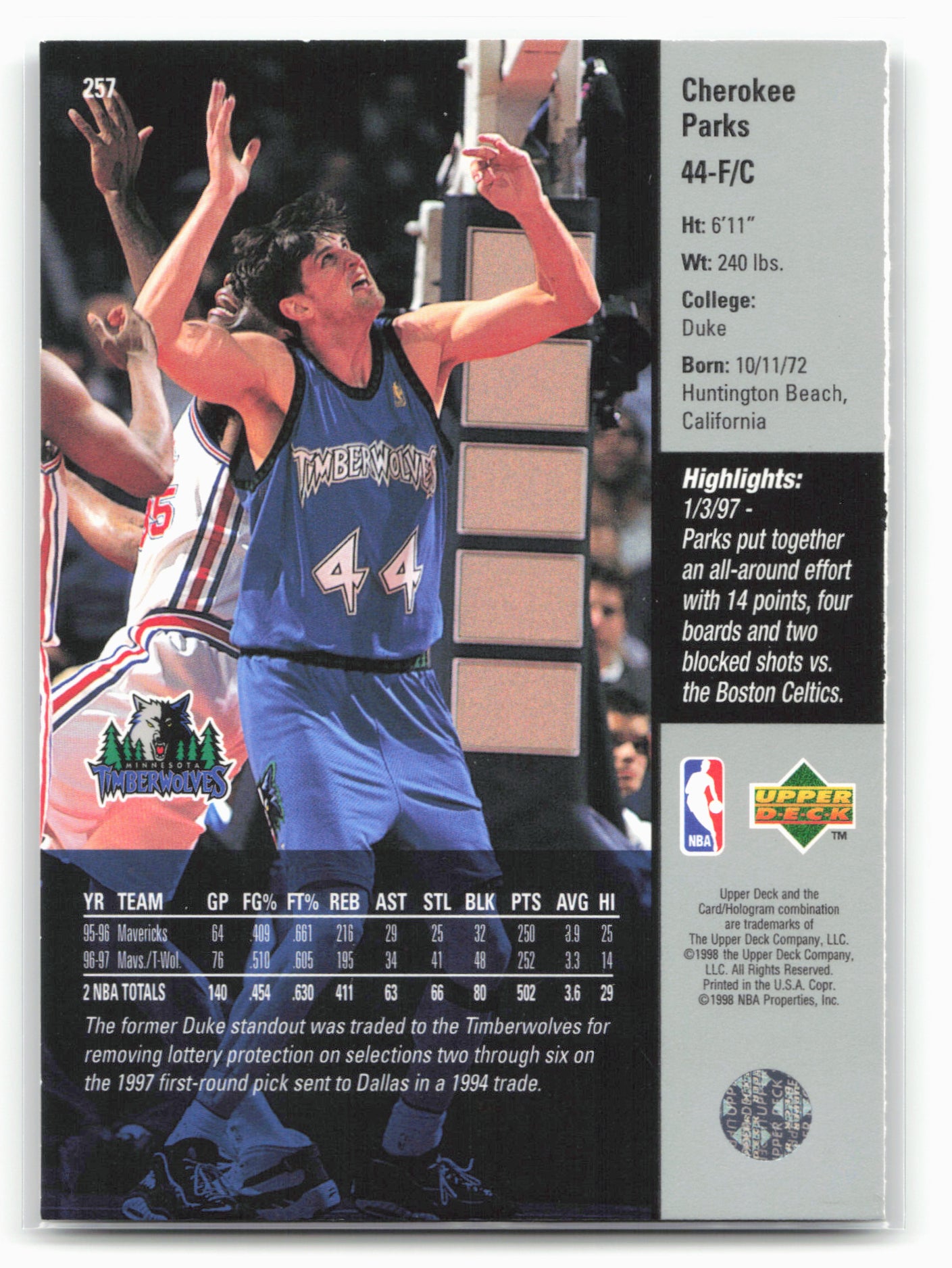 1997-98 Upper Deck #257 Cherokee Parks